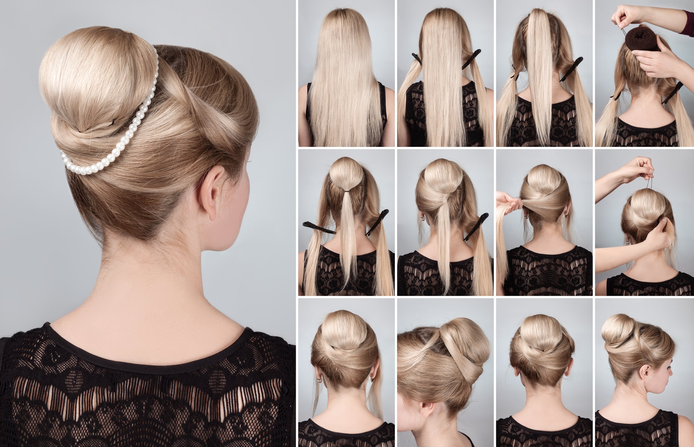 Hairstyle tutorial elegant bun with chignon and string of pearls. Woman blonde with retro hairdo bun