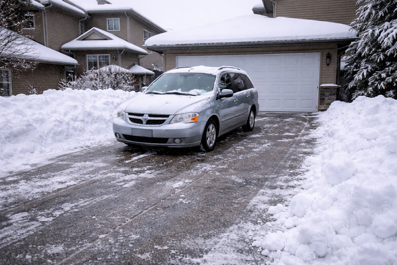 Winter driveway with silver minivan
