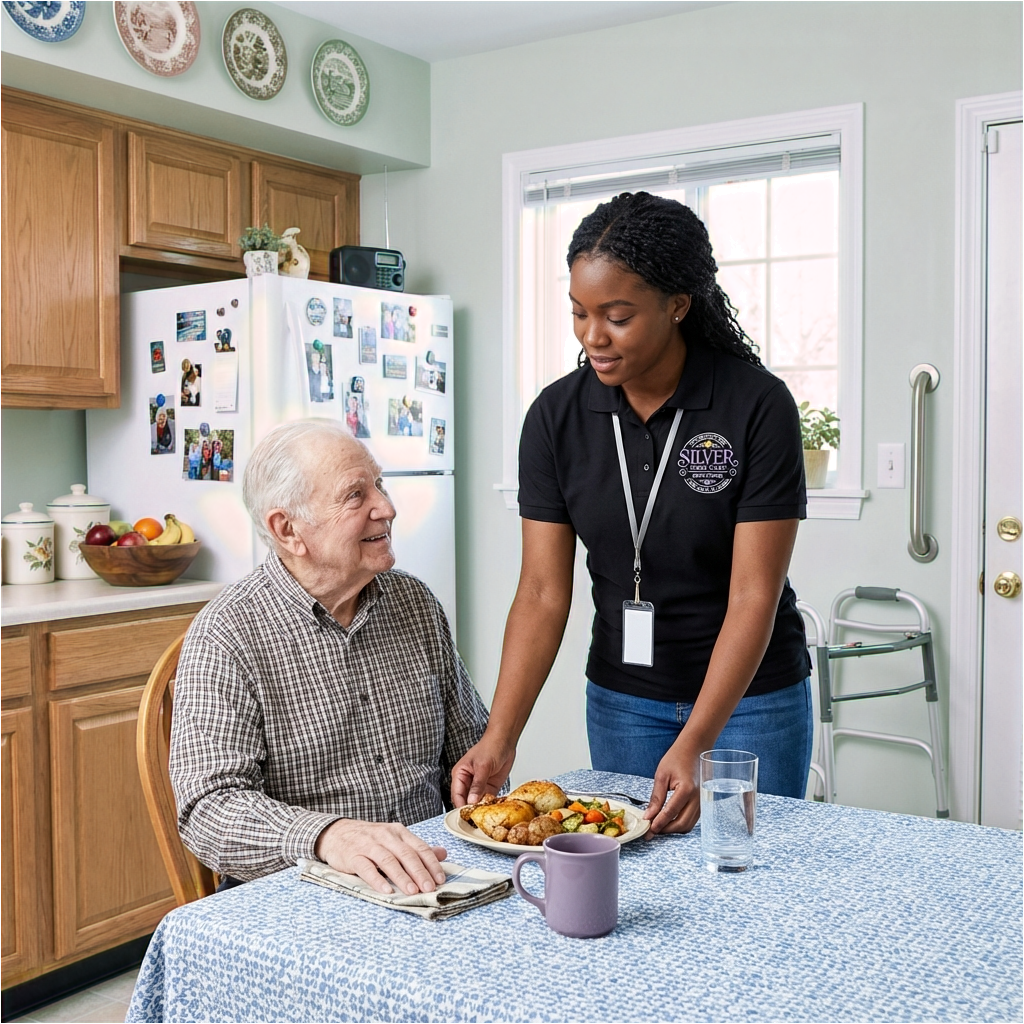 Home health aide cooking in kitchen
