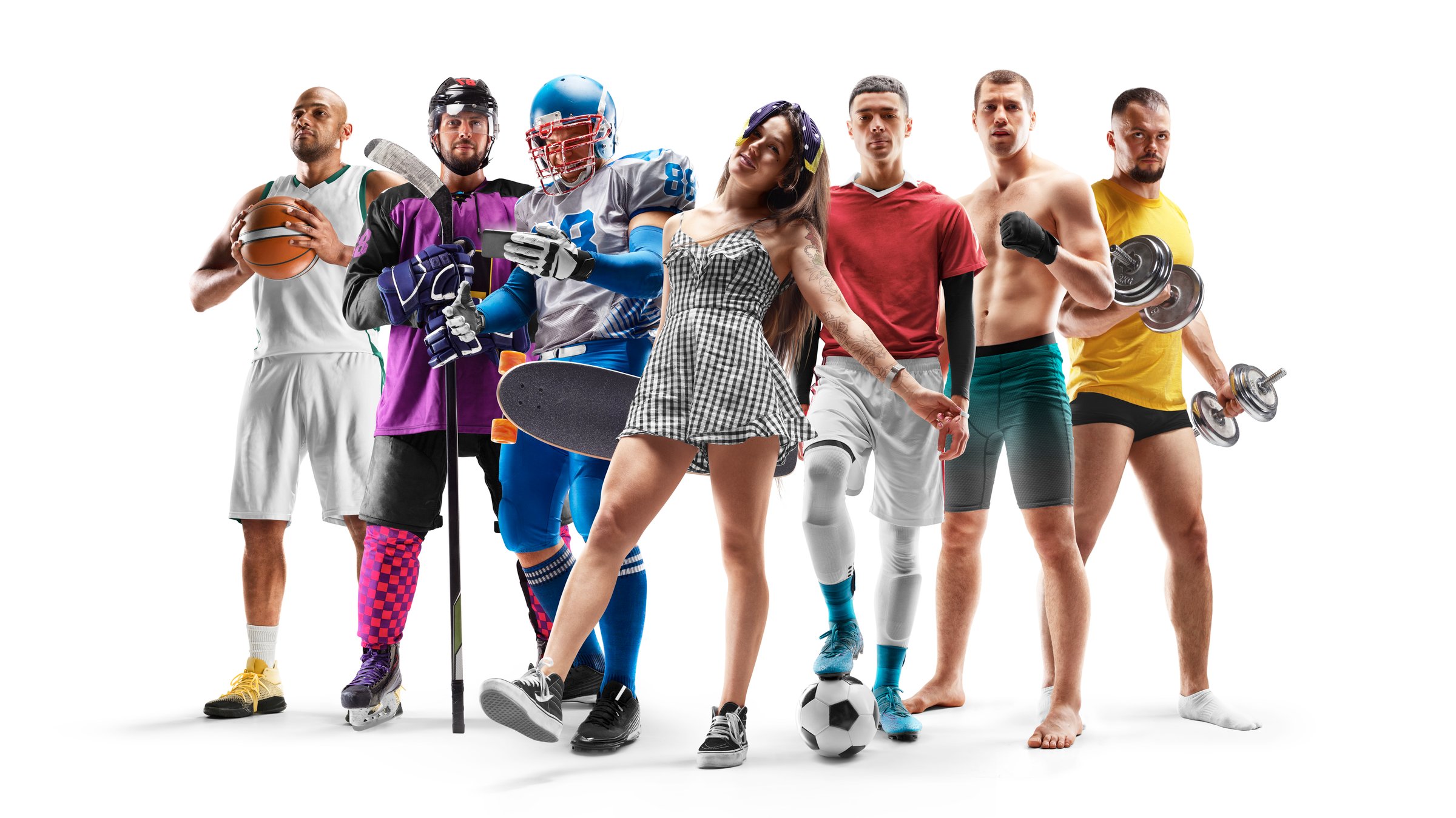 Sport collage. Basketball, hockey, american football, longboarding, soccer, MMA, Fitness Professional athletes Isolated in white backgrounds People