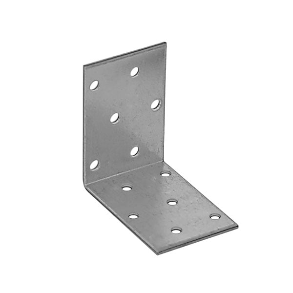 A metal L-bracket with multiple holes for screws, used for structural support and joining surfaces at a right angle.