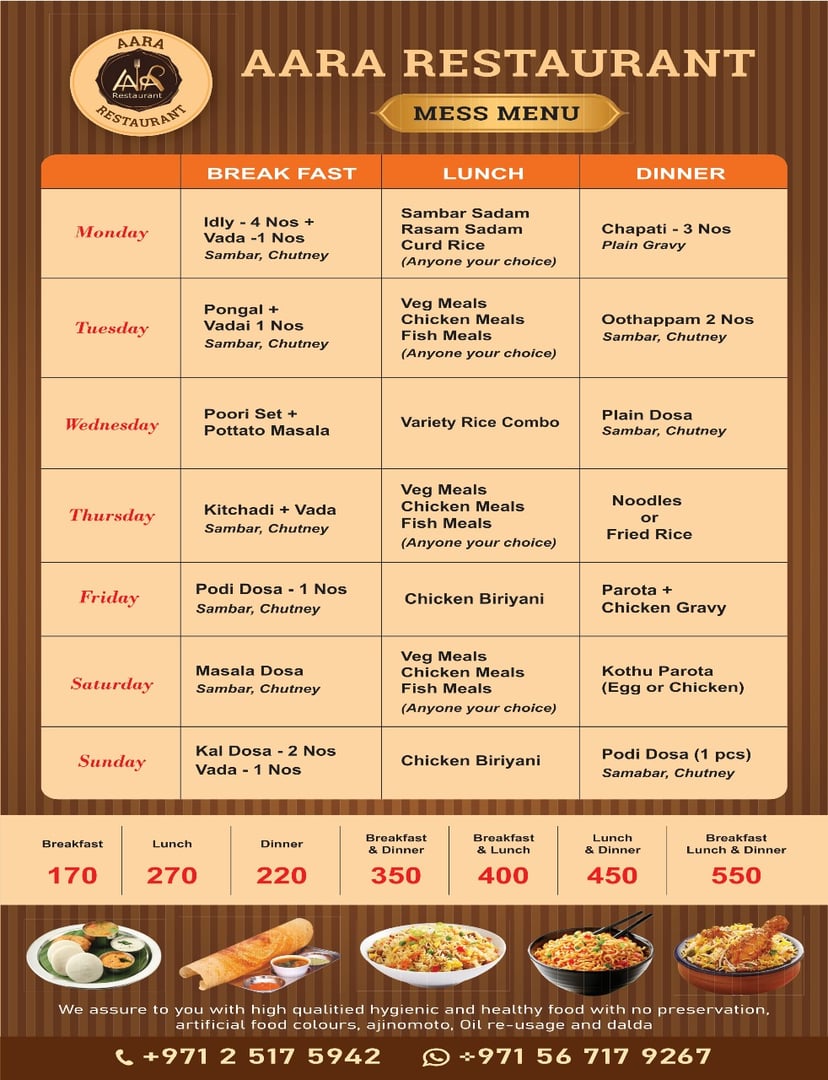 AarA Restaurant Mess Menu