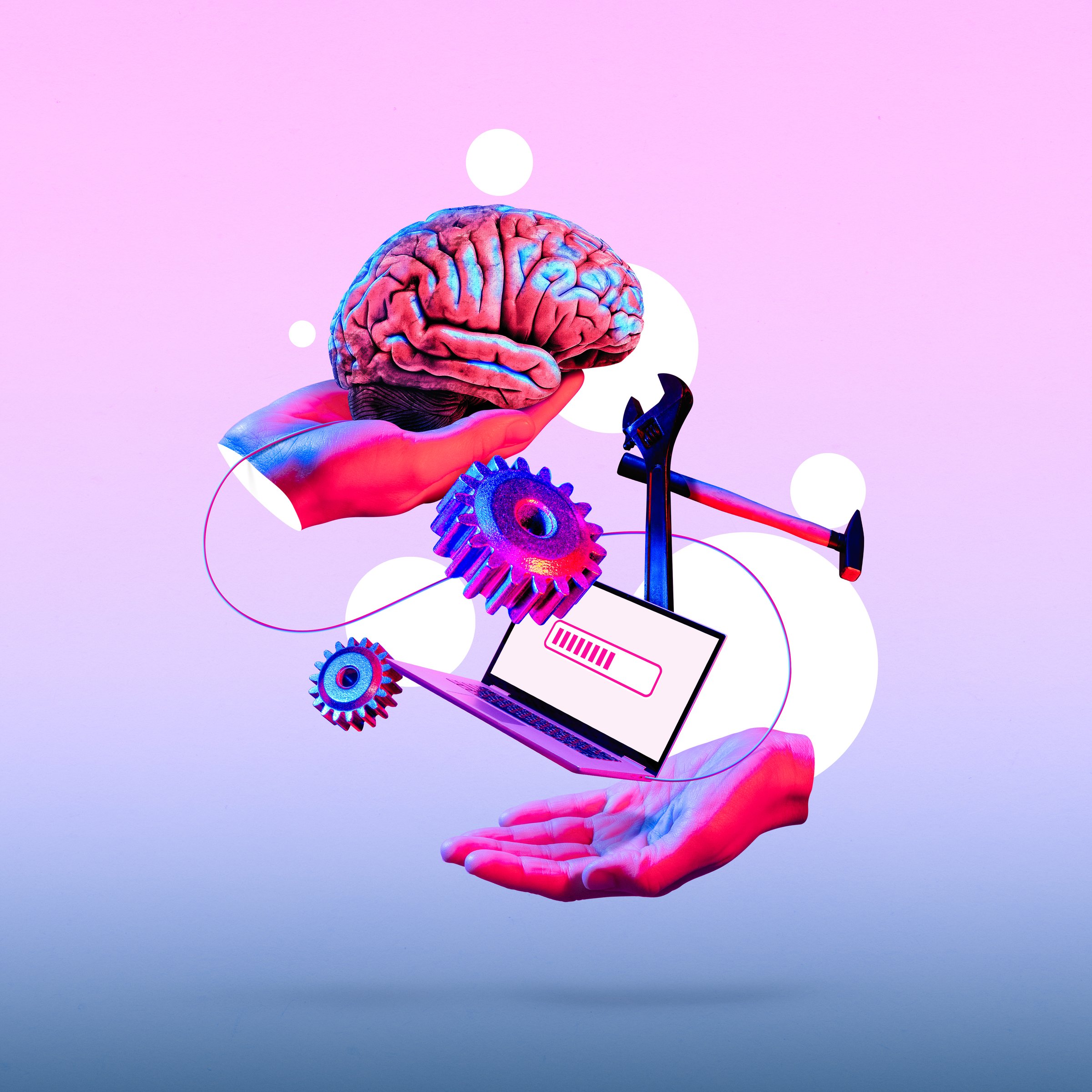 An image featuring a floating laptop, a brain, gears, and tools in neon light. Art collage.