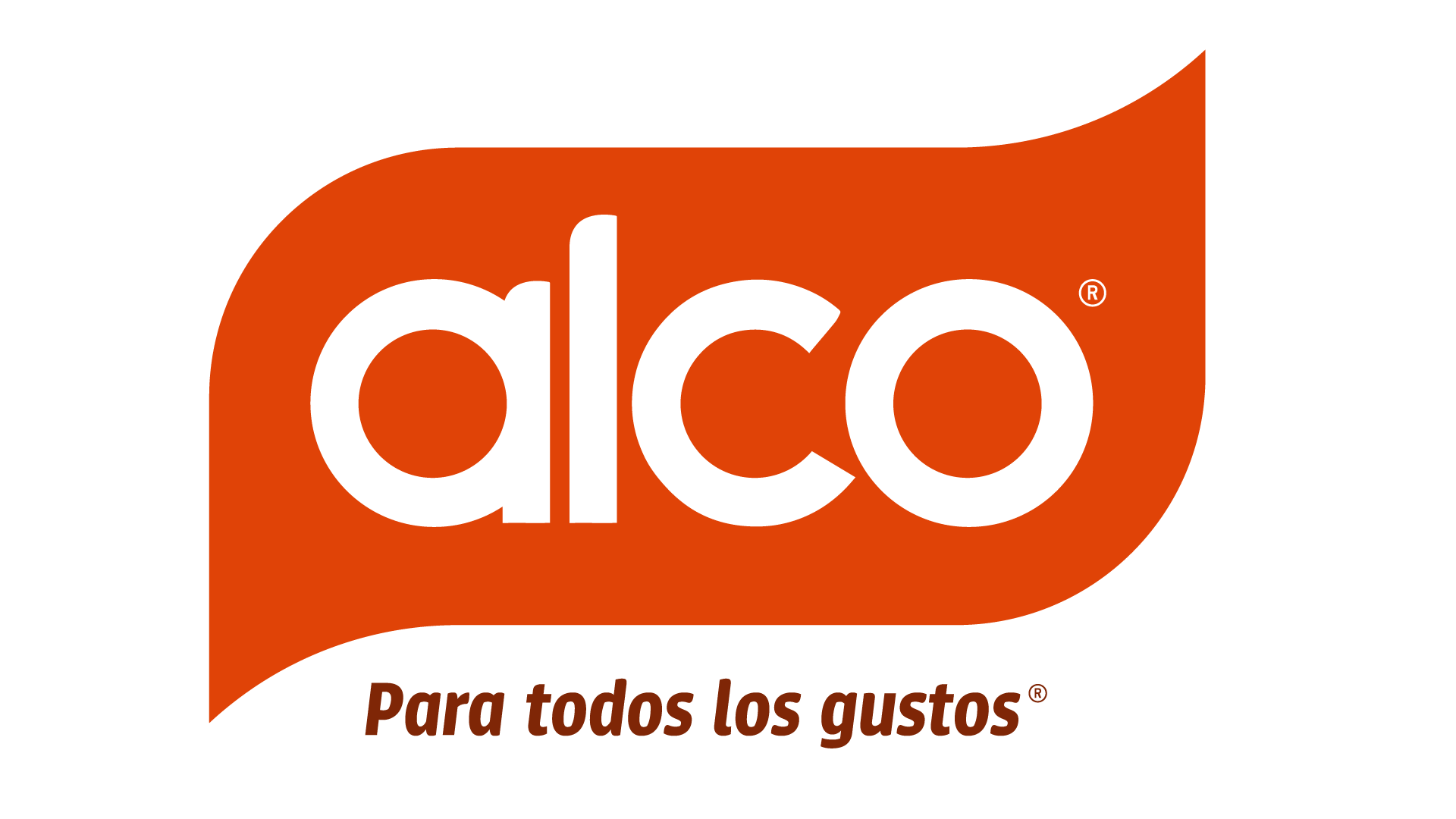 Alco logo with the slogan "Para todos los gustos" in white text on an orange background.