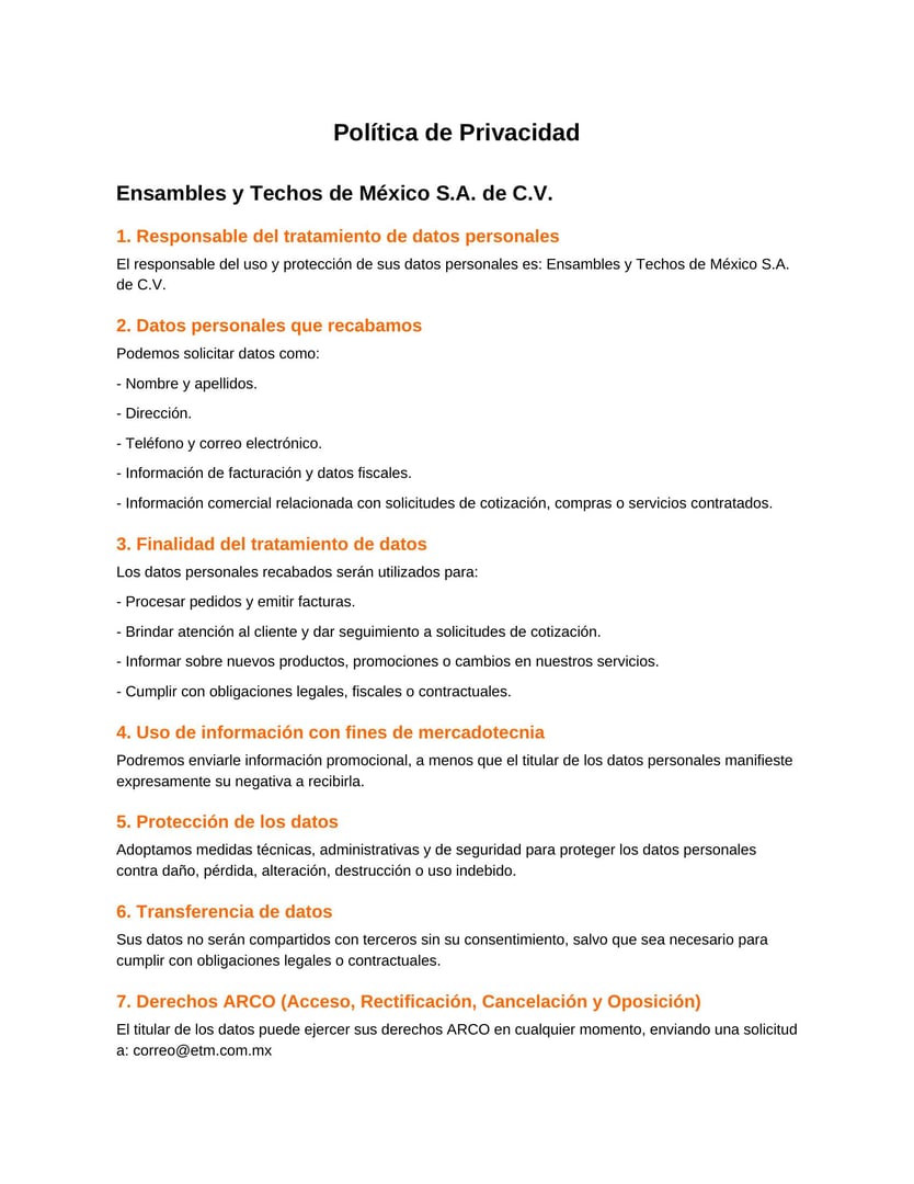 Política de Privacidad ETM - Página 1