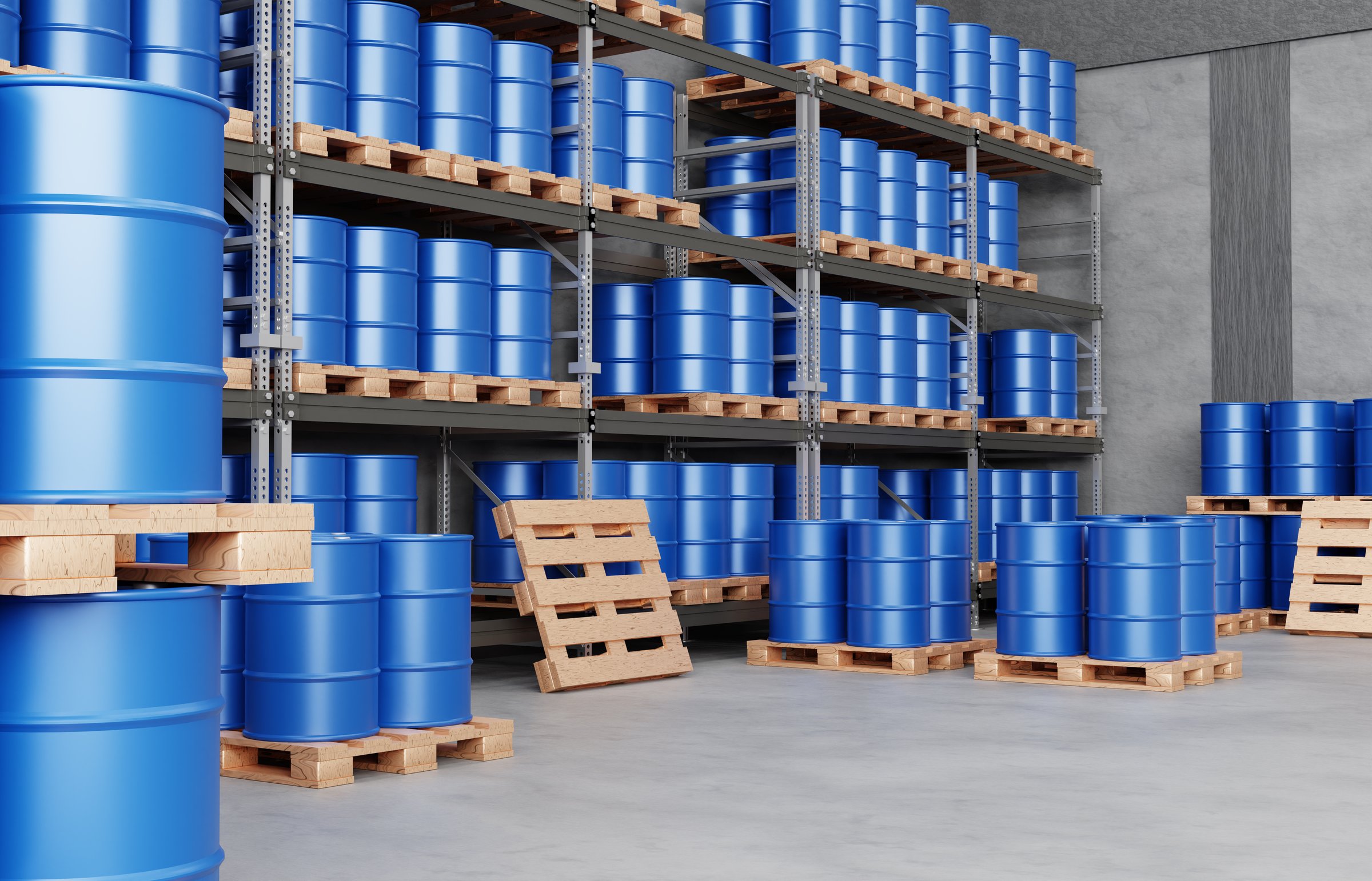 Blue barrel drums are stacked on wooden pallets on shelves. Concept of chemical industry, petroleum industry. 3d-rendering