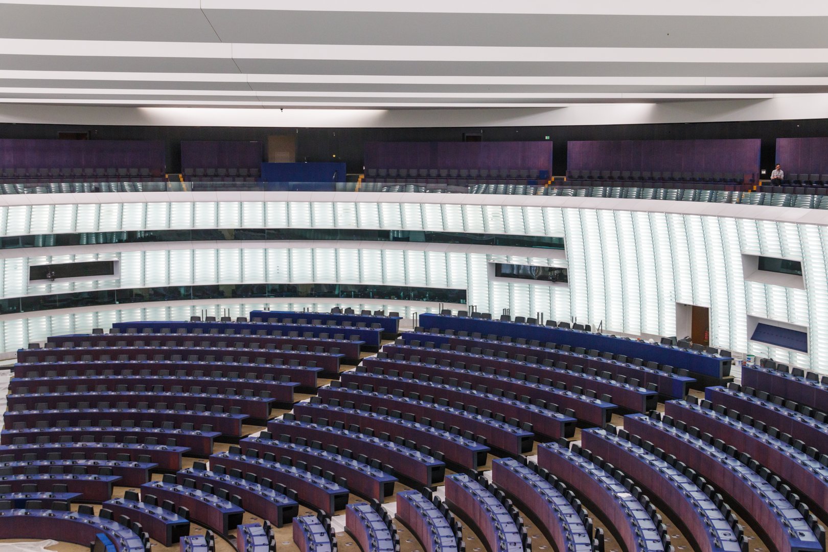 Strasbourg, France - August 29, 2024: View of the hemicycle of the European Parliament in the Louise Weiss building, official seat of European Parliament which houses the hemicycle for plenary sessions in Strasbourg, France