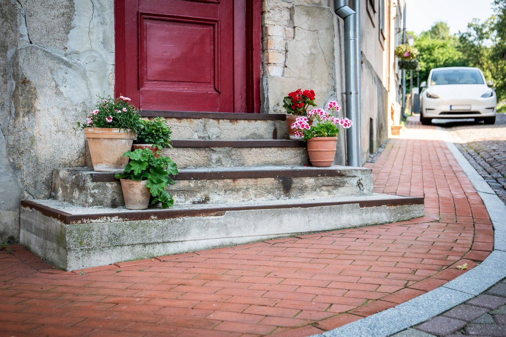 Rustic Front Door With Flower Pots On Porch Steps.