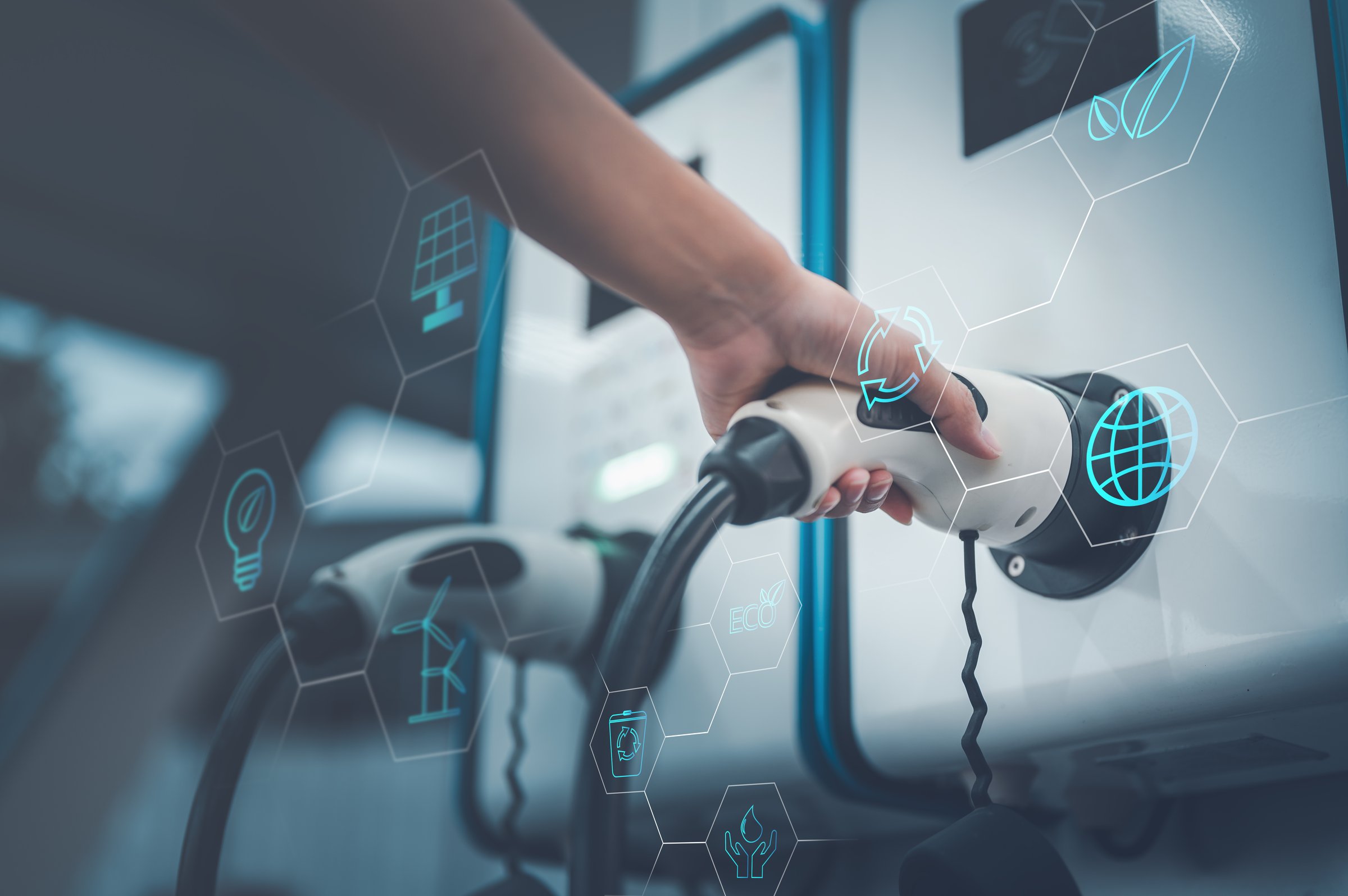 station, vehicle, alternative, car, charge, charger, power, recharge, automobile, battery. EV car power cable with pump plug in charging power to electric vehicle on virtual modern technology UI HUD.