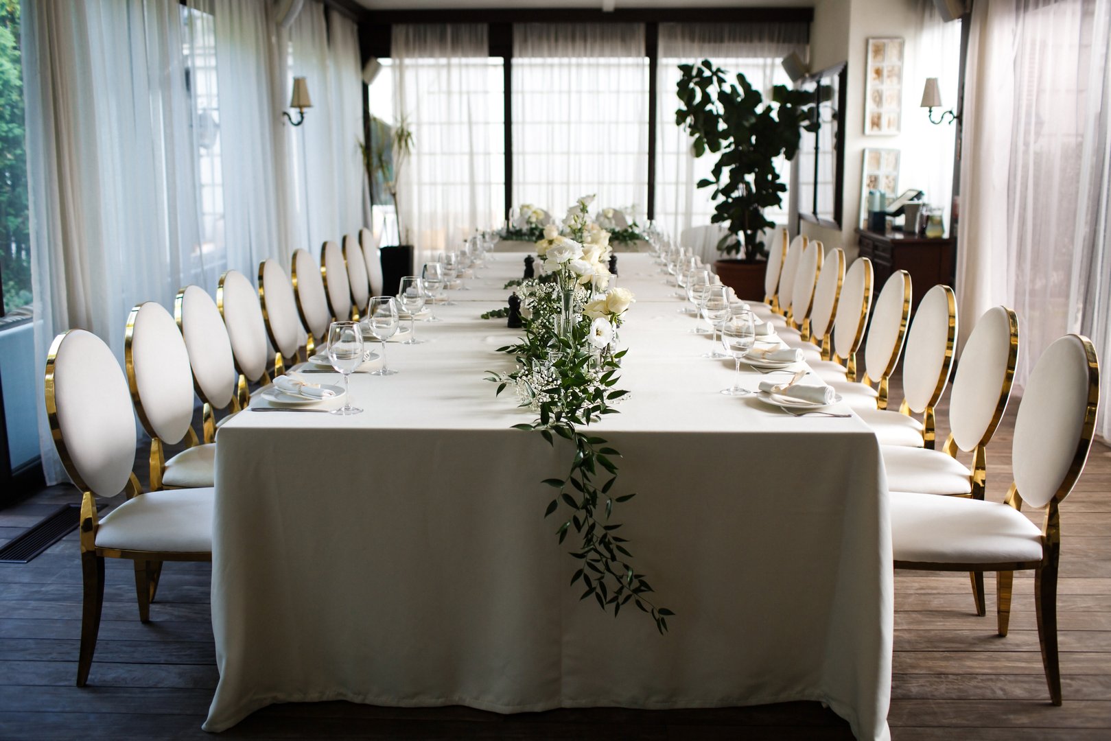 Decorated served table for wedding party or other event.