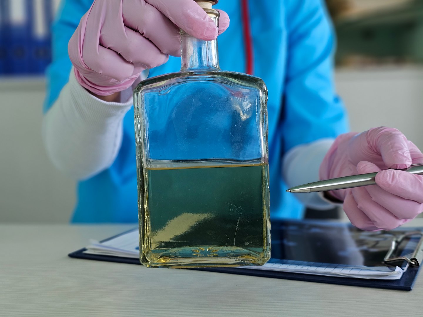 Medical professional examines liquid sample in laboratory setting during afternoon hours of research work