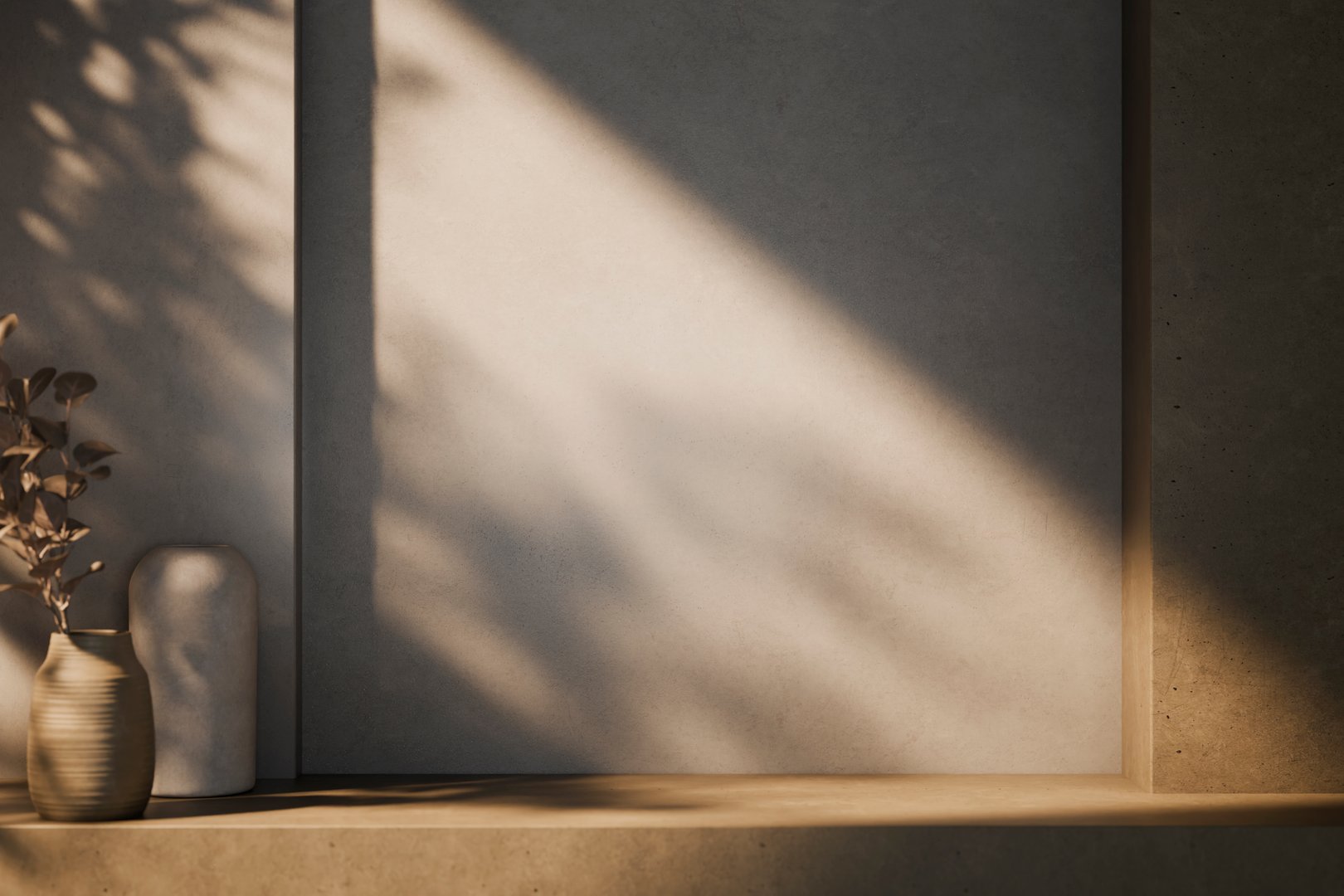 Luxury architecture interior design aesthetic with trendy vase decor and tree shadow on beige plaster wall. Minimal boho background for natural product brand display.