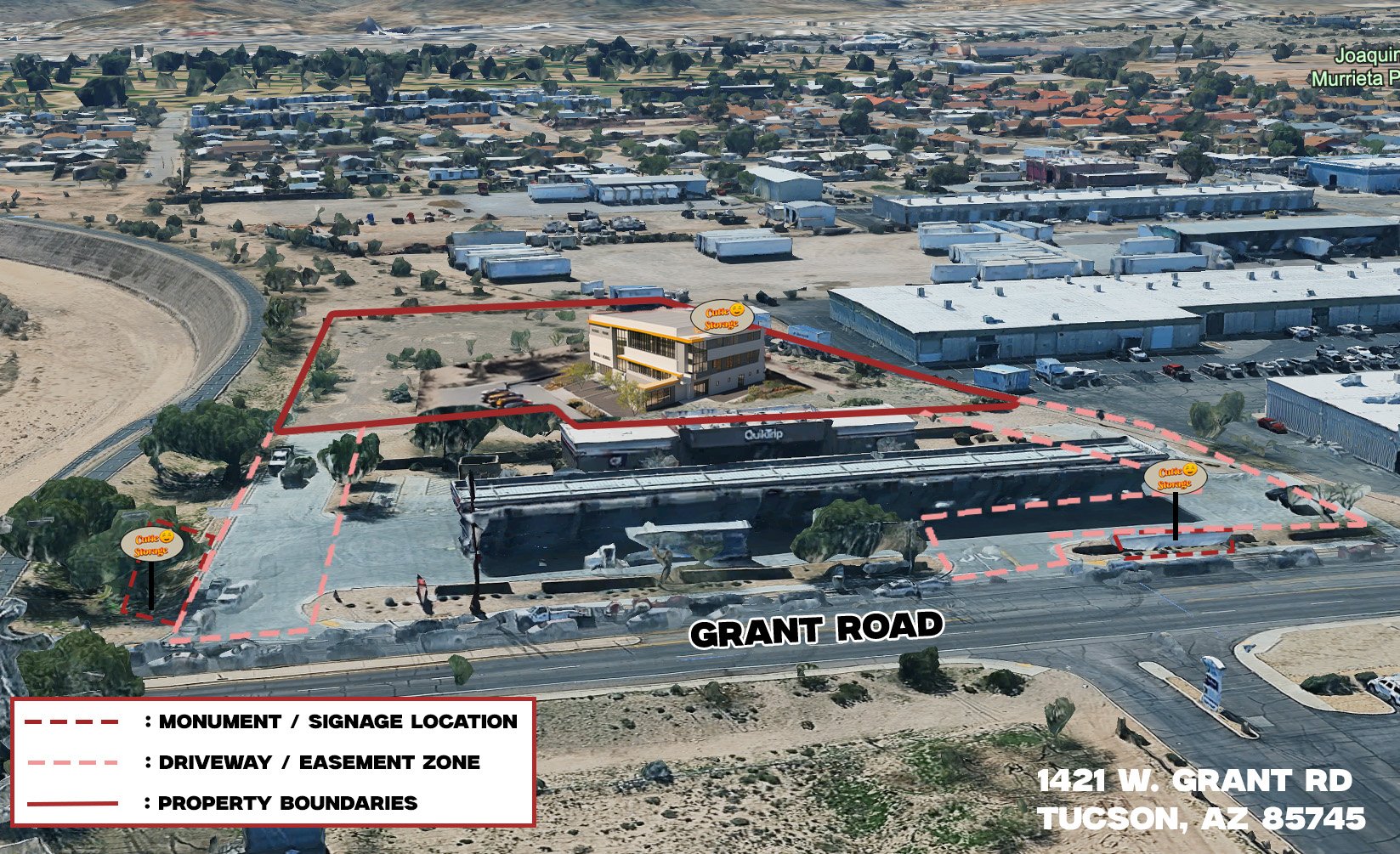 Commercial property layout with signage, driveway, and boundaries near Grant Road, Tucson, AZ, featuring a building and parking.