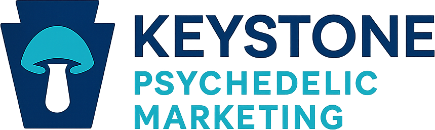 Logo of Keystone Psychedelic Marketing with a stylized mushroom and text in blue shades.