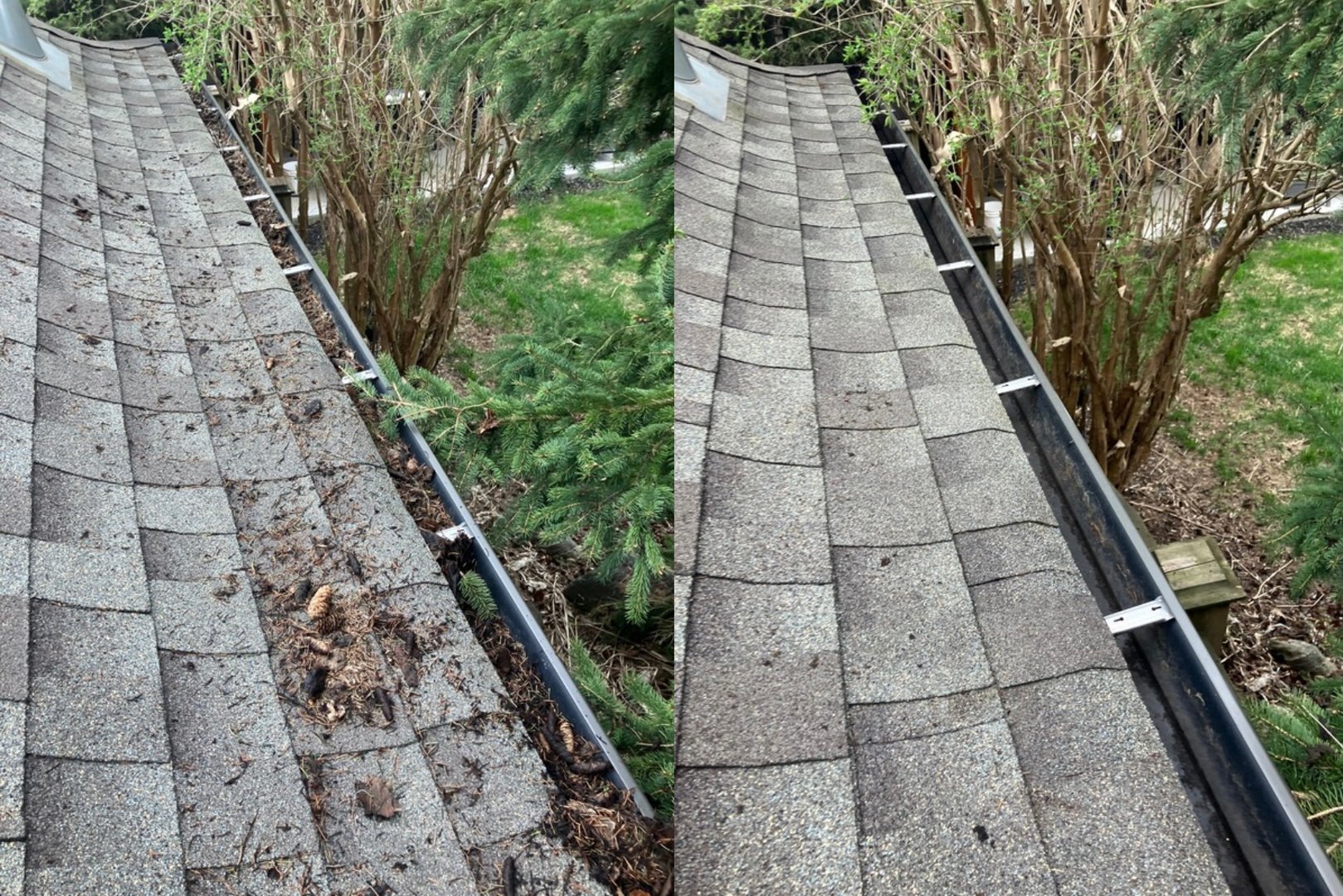 Before and after gutter cleaning comparison showing clean gutters