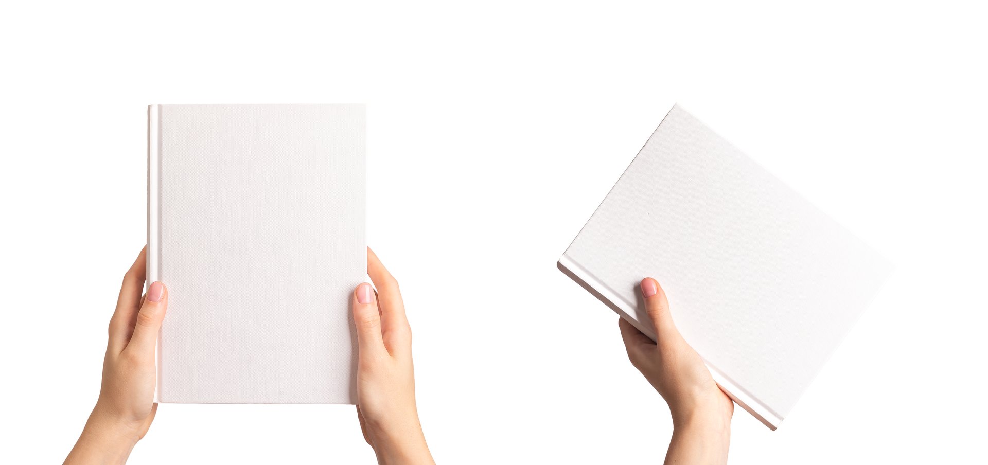 Book cover mockup in hand. Blank empty hardcover mock up set isolated on white background