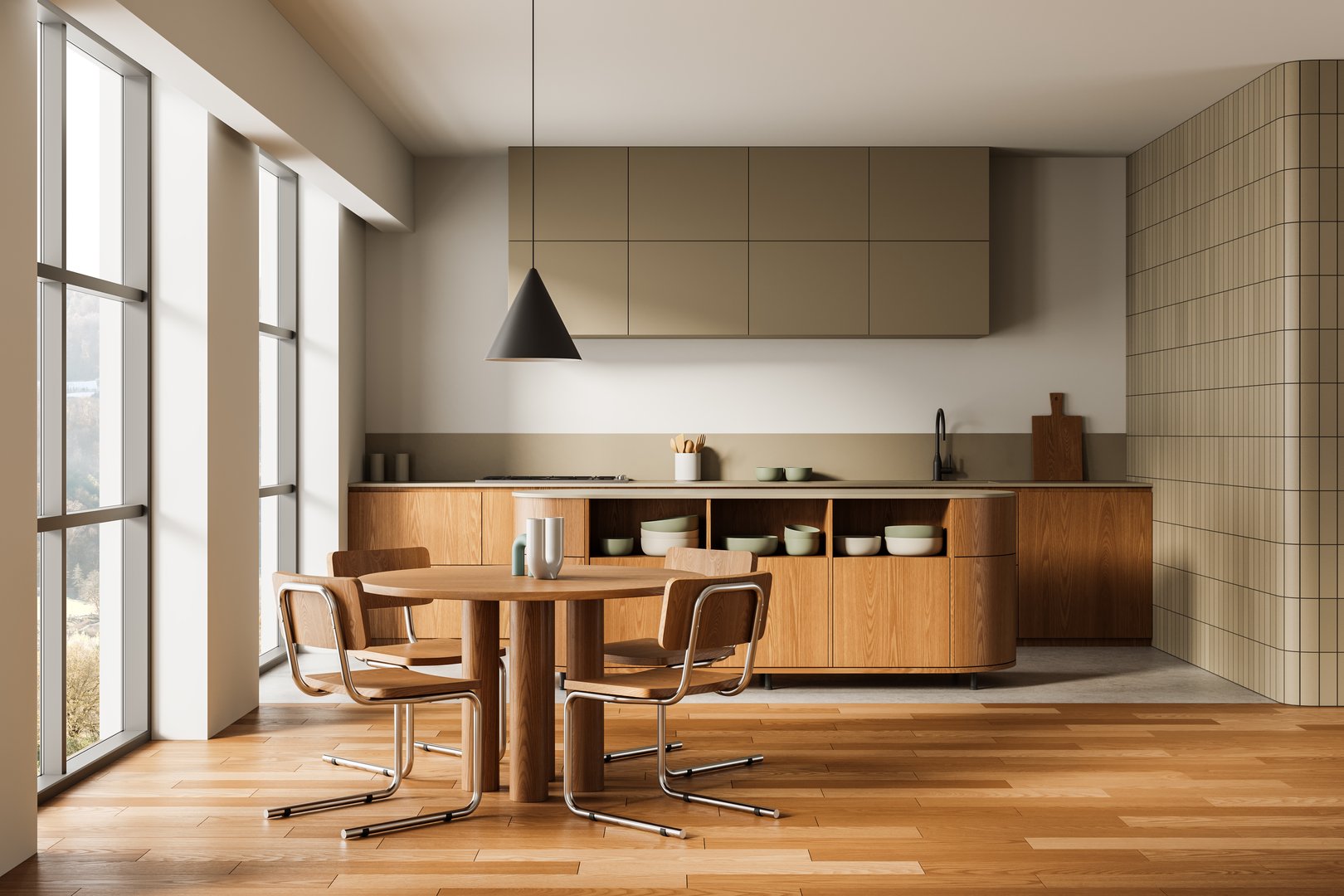 Modern minimalist kitchen interior with wooden cabinets, round dining table, and chairs in warm tones, open shelving, and large windows. 3D Rendering