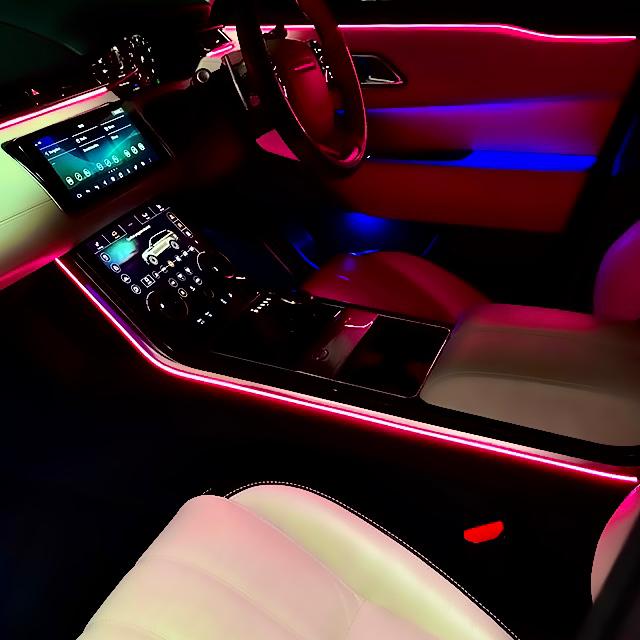 Premium ambient lighting system with customizable colors illuminating vehicle interior