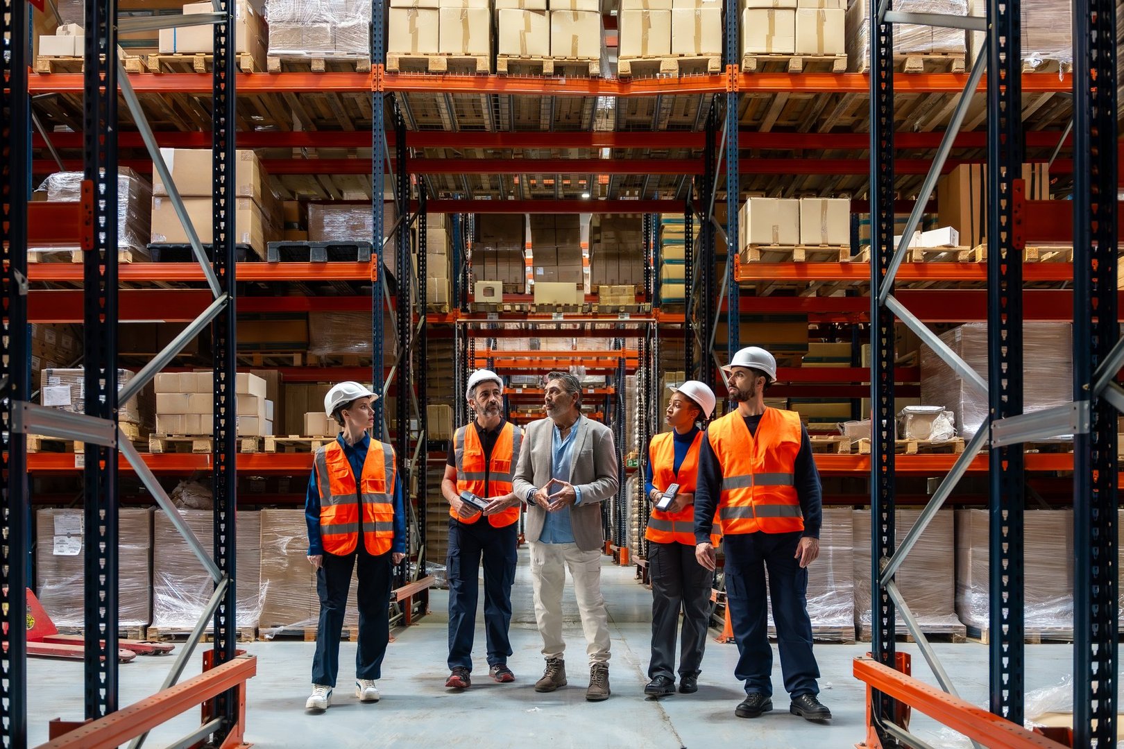 Diverse group of warehouse workers and a manager stand in a large industrial storage facility, discussing logistics, inventory management, and supply chain operations between rows of shelving