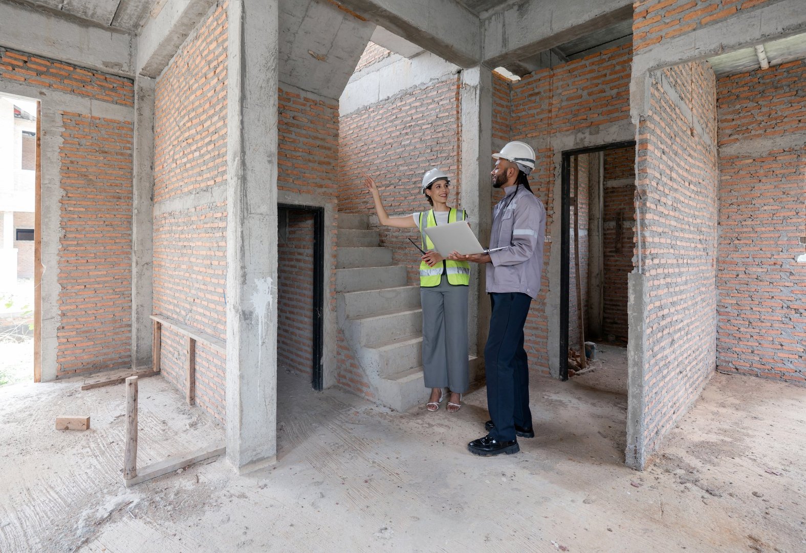 Two construction professional review architectural plan inside a partially constructed building. Brick wall surround them, and natural light illuminate the space.