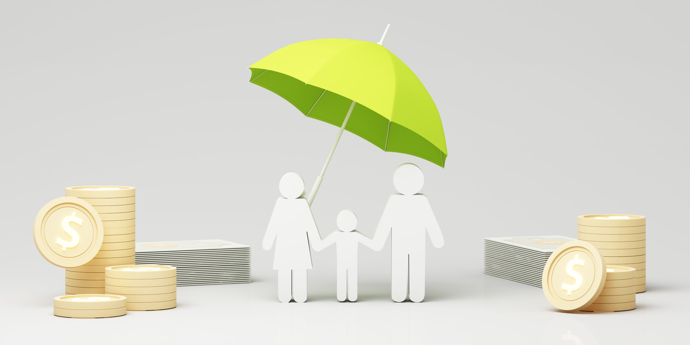 A white family silhouette stands under a green umbrella, surrounded by stacks of coins and banknotes, symbolizing financial protection and stability. 3d rendering.