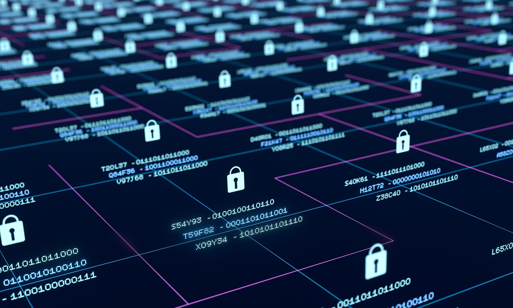 Close up data grid, information processing, network, secure encrypted data in process, data protection. Locked binary code data blocks, big data, safety, technology, security software, firewall.