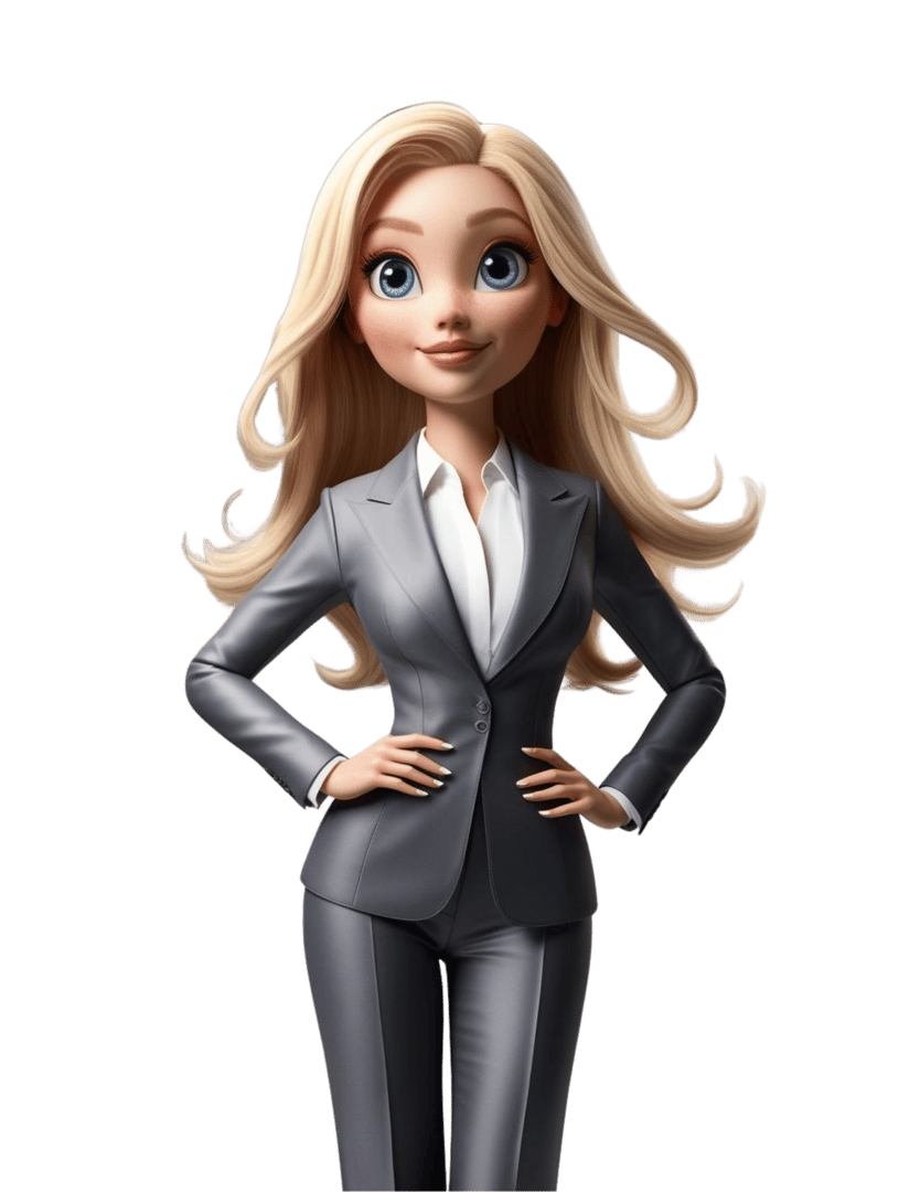 Animated character with long blonde hair, wearing a gray suit and white shirt, standing confidently with hands on hips.