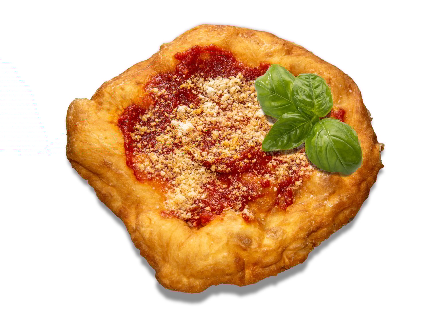 Neapolitan fried pizza with tomato sauce cheese and basil leaves, called Montanara, isolated on white with clipping path included