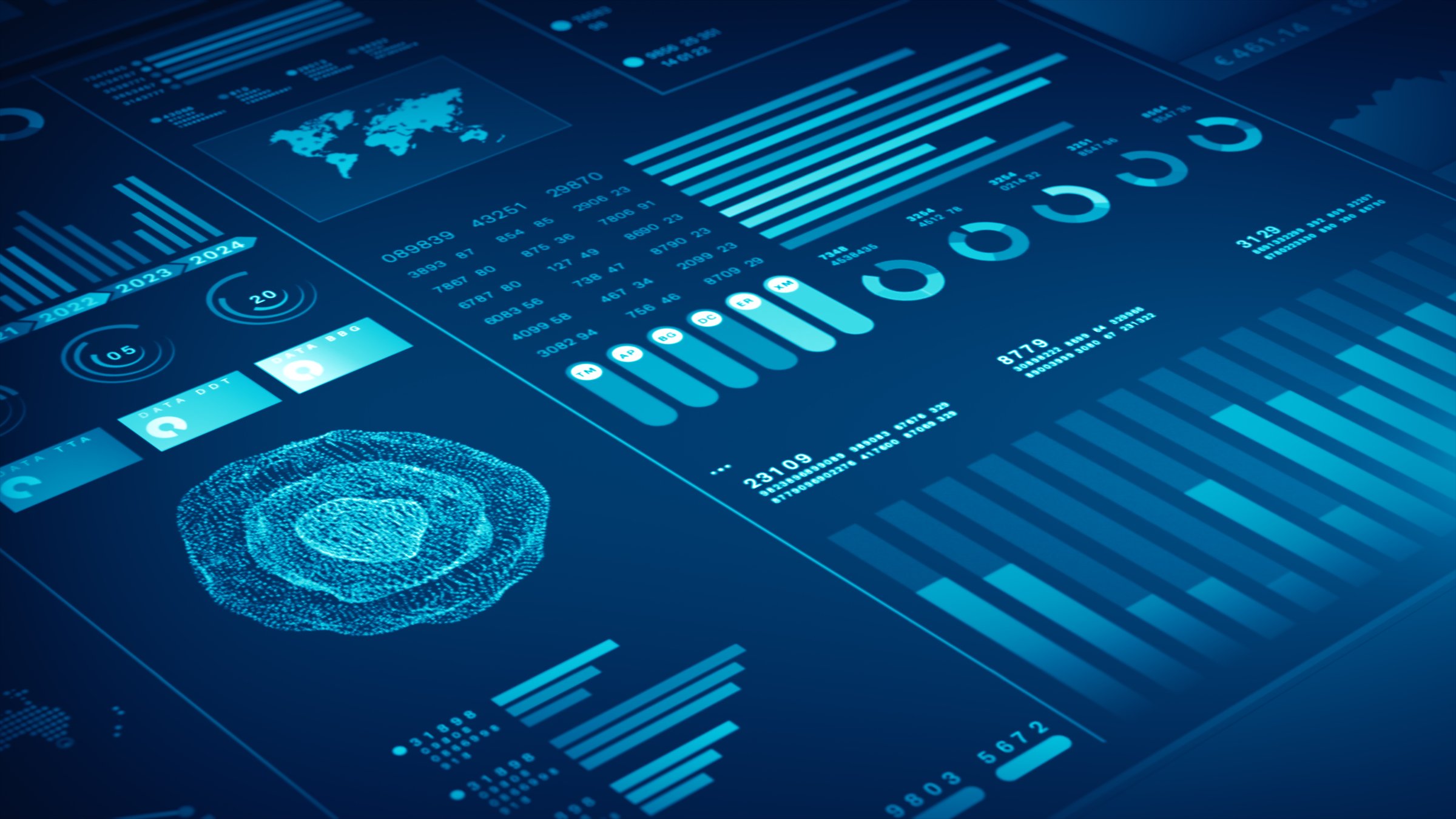 Blue data analytics interface showcasing various charts, graphs, visualization elements. Ideal for business intelligence, Technology and financial Investment background 3d Rendering