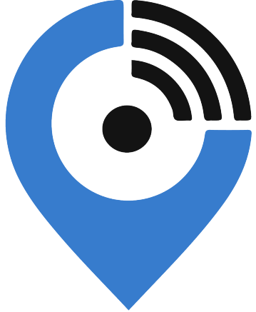 Blue location pin with black circular Wi-Fi signal icon inside, indicating technology and connectivity.