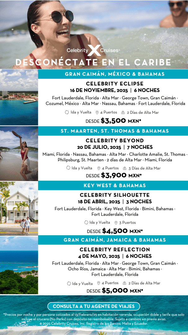 Travel ad for Celebrity Cruises showcasing trips to Caribbean destinations with dates, ship names, and starting prices.