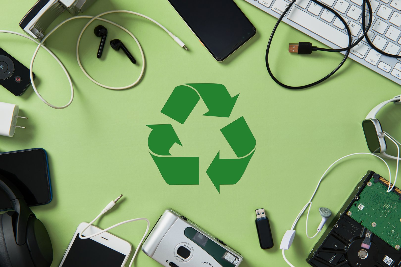 E-waste recycling concept. Old electronics like phones, headphones, hard drive, and cables surround a green recycling symbol on a green background.