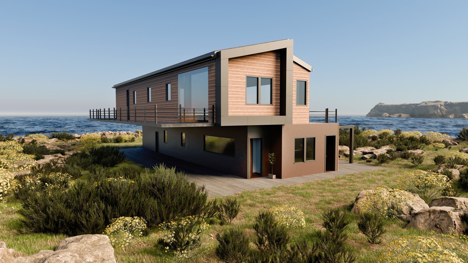 3D side view illustration of a Modern Scandinavian house next to the coast.