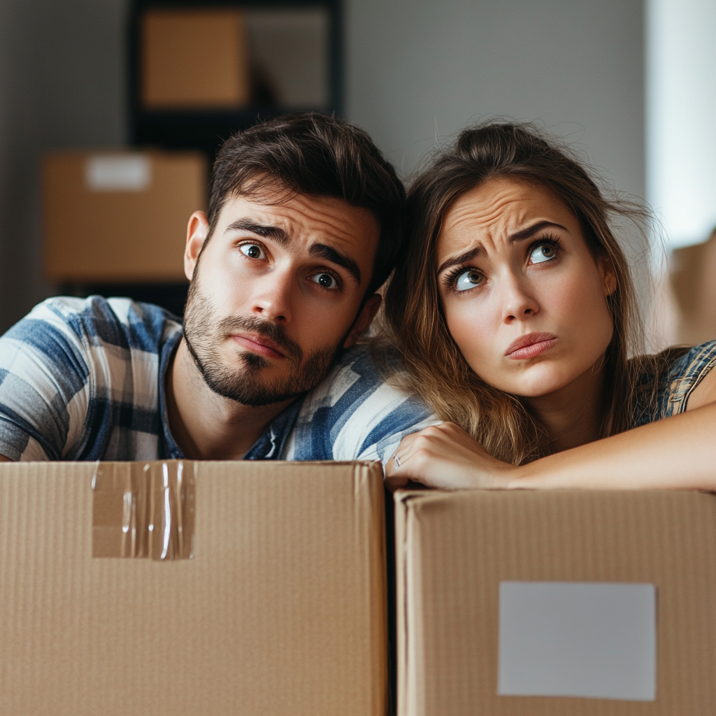 A concerned couple sitting among moving boxes, looking upwards. The room appears to be in the process of moving or unpacking.