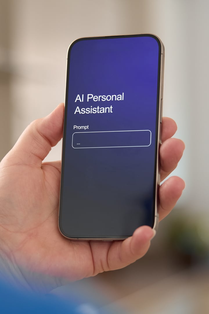 A person holds a sleek smartphone displaying an interface for an AI personal assistant. The vibrant screen prompts user interaction, indicating a technological advancement that enhances daily activities. The background suggests a contemporary environment, highlighting the device's usability.