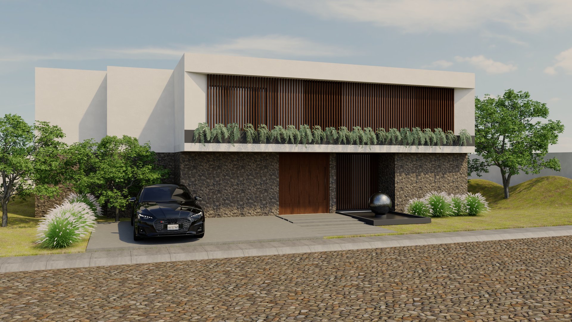 Modern house with stone facade, large wooden door, vertical garden, and parked black car on cobblestone street.