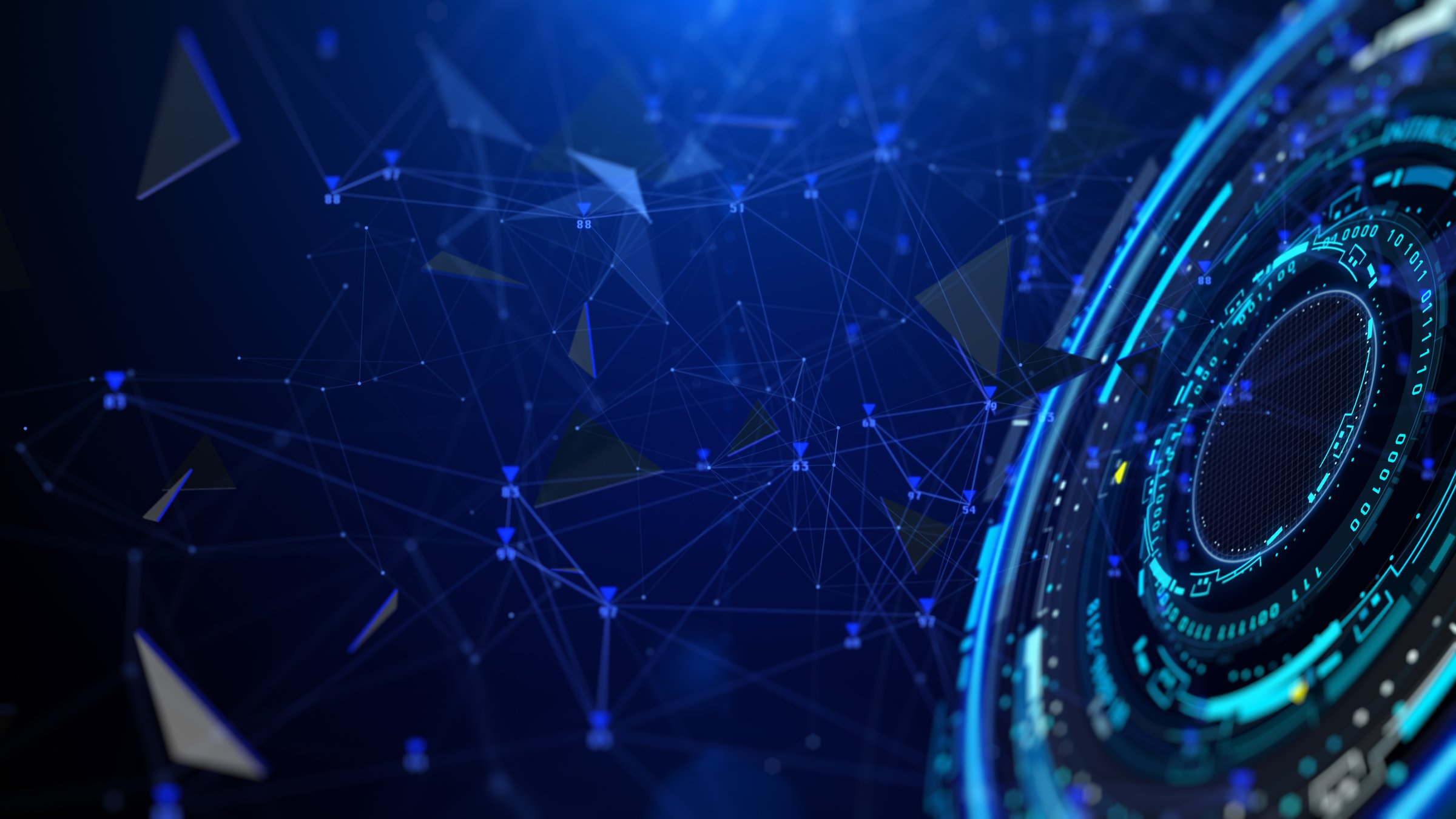 HUD hologram circle elements spinning with blue low poly organic wave. Technology data system connection interface illustration.