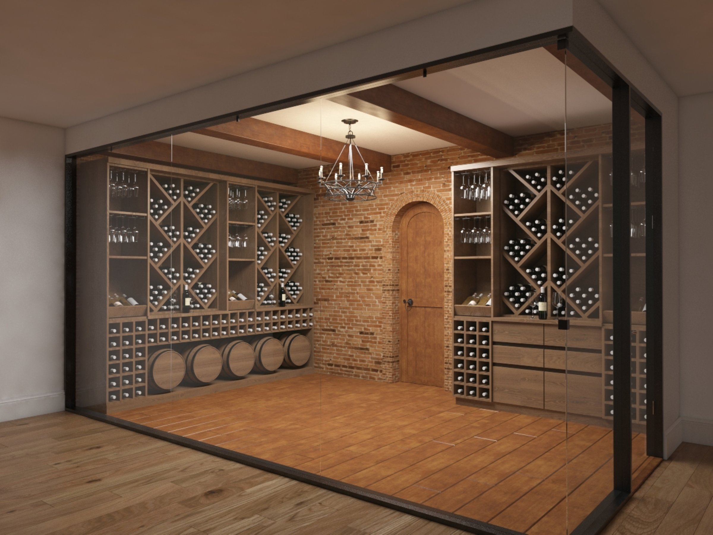 A modern wine cellar interior featuring wooden racks, warm brick walls, and a cozy atmosphere. Elegant lighting highlights the rustic charm within a sleek glass enclosure, perfect for a home or restaurant setting.
