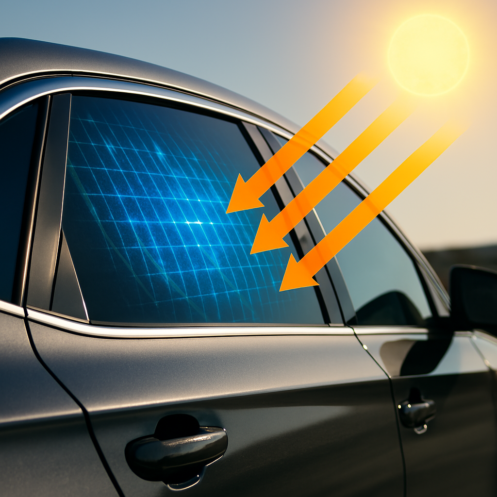 Una ventana de coche con película de protección solar, representada por flechas que bloquean la luz solar, demostrando la tecnología de reducción de calor.