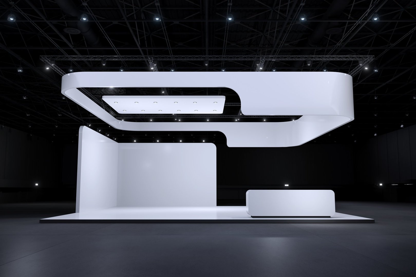 Exhibition stand for mockup and Corporate identity,Display design.Empty booth Design.Retail booth elements in Exhibition hall.booth Design trade show.Blank Booth system of Graphic Resources.3d Background for online Event,conference,live.3d render.