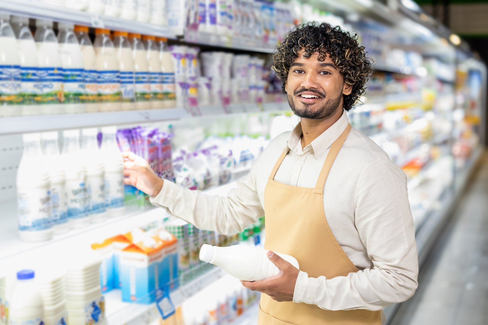 A smiling worker in a supermarket holds a milk bottle, restocking dairy products on the shelf. The focus is on customer service.