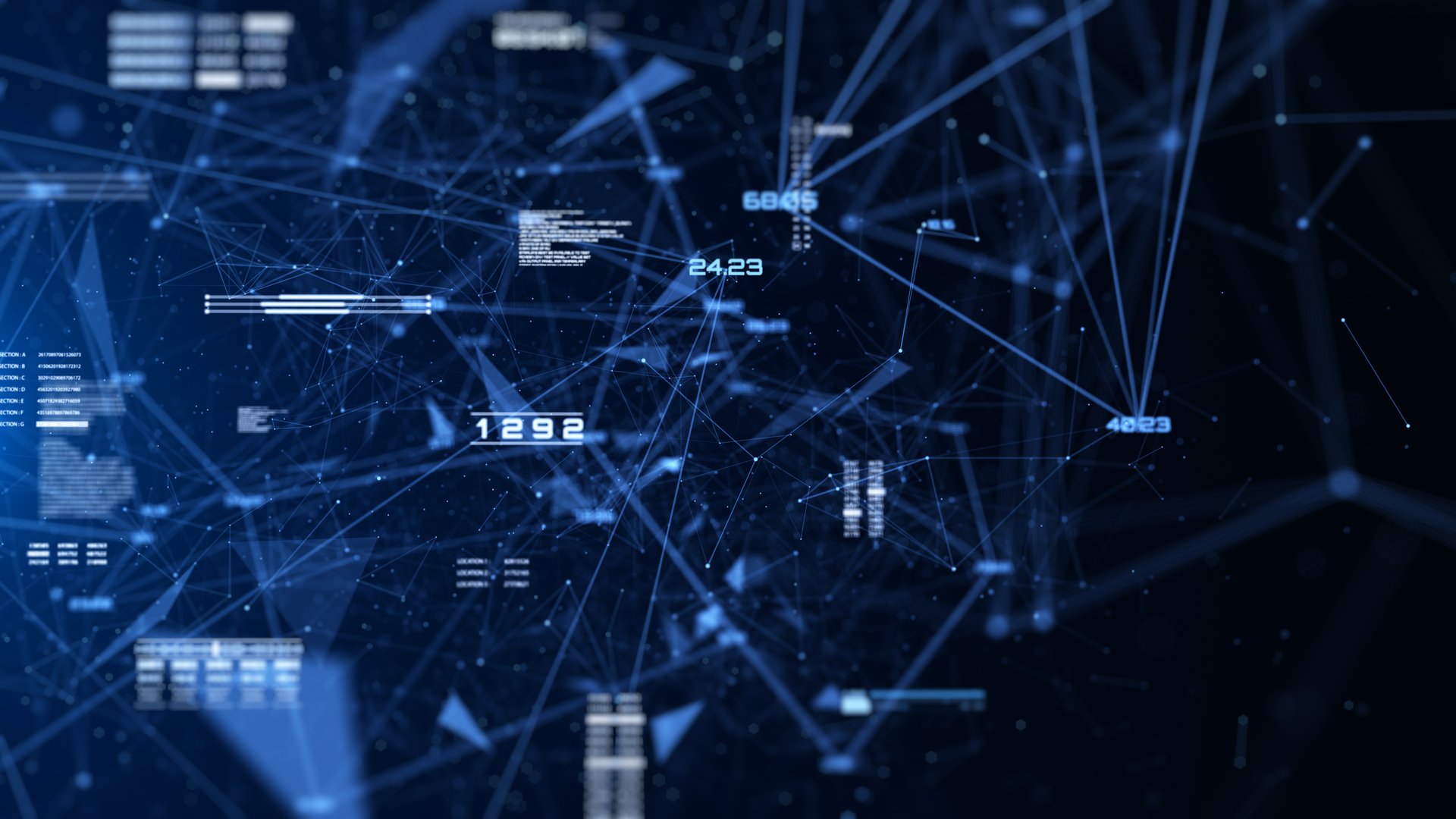 Futuristic Technology Background Design. Plexus Digital Blue Color Dots, Line, Triangle, Binary Number Data Flowing Connection Structure on HUD System. Abstract 3D Illustration.