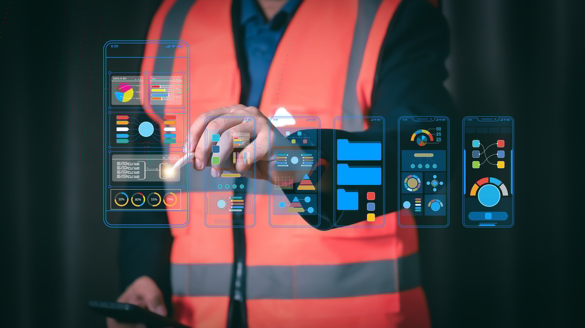 Engineer using augmented reality interface to analyze construction data. Smart industry technology concept with futuristic digital graphs for modern global business project management.