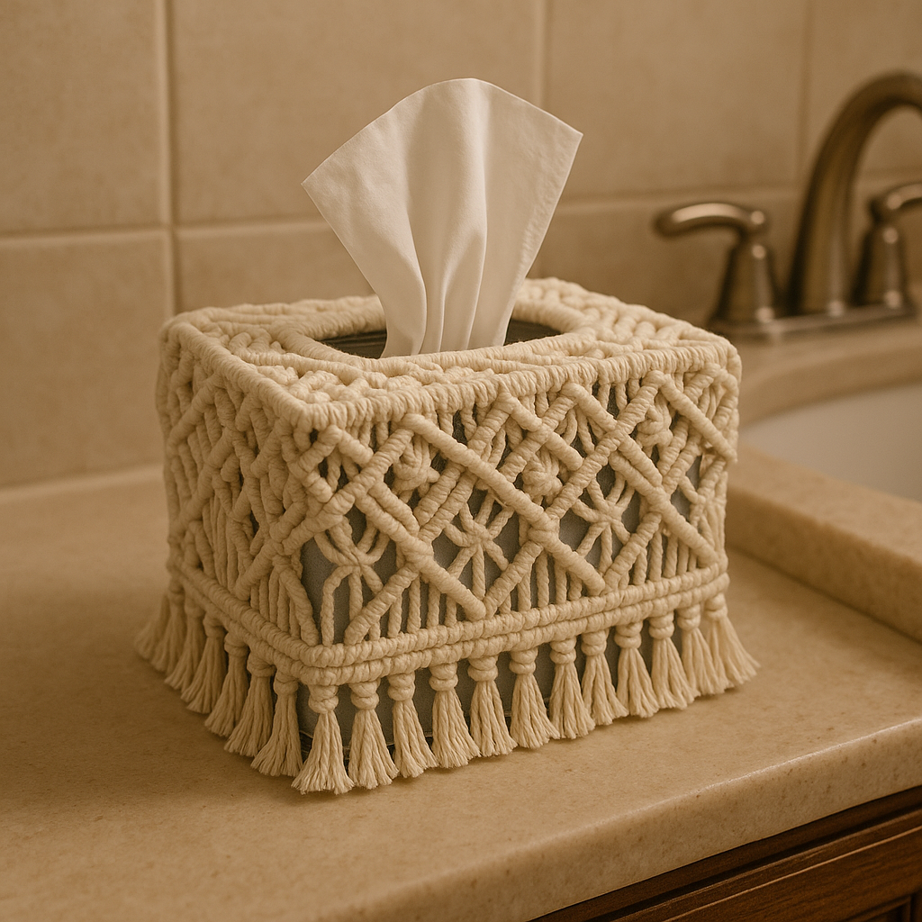 A tissue box covered with decorative macramé sits on a bathroom counter next to a sink with a faucet.