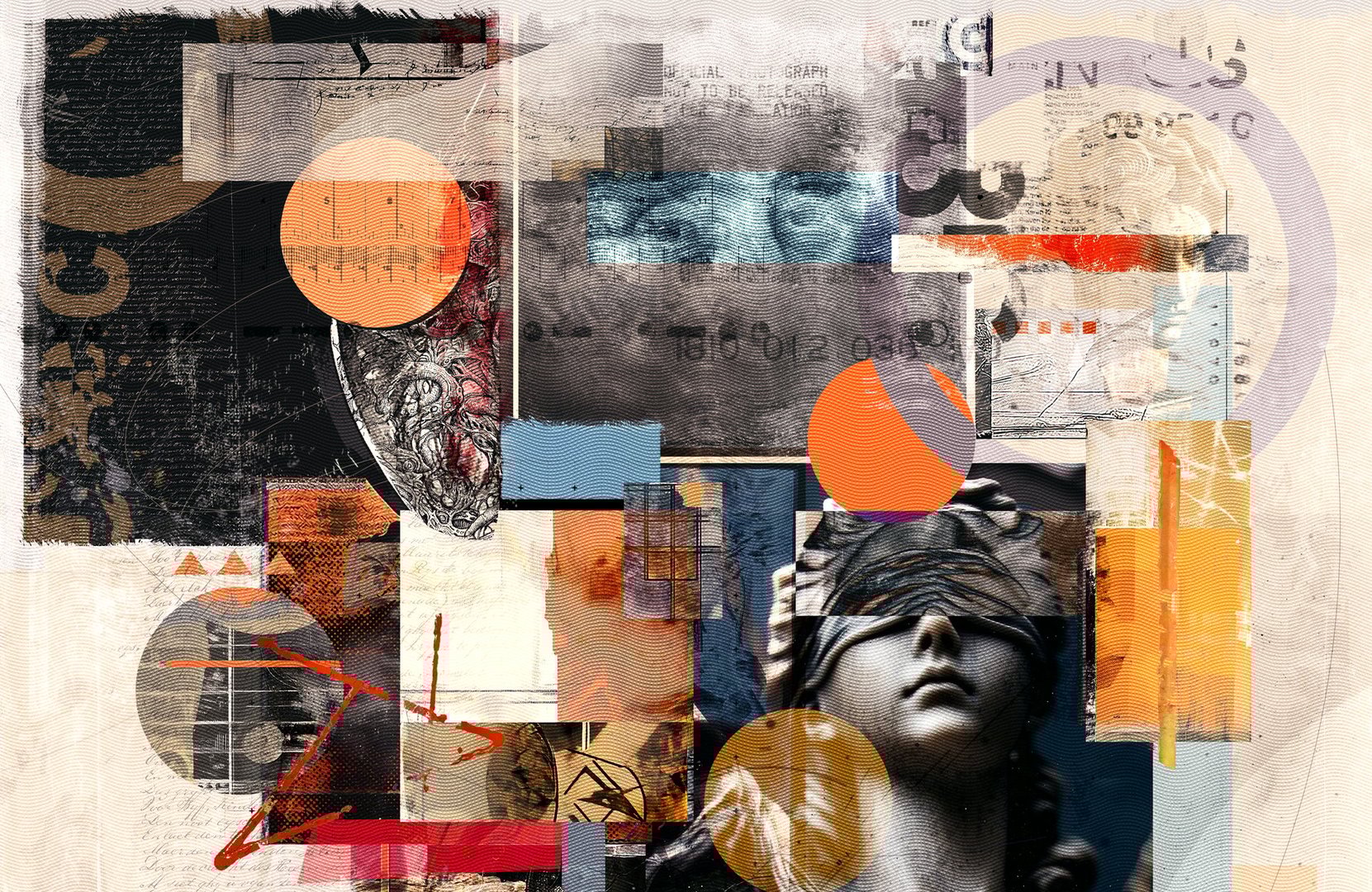 Abstract collage artwork. Mixed media composition with vintage photographs, geometric shapes, and textured elements. Blend of classical and modern aesthetics, featuring a blindfolded figure. Visual representation of memory, time, and perception in contemporary art style