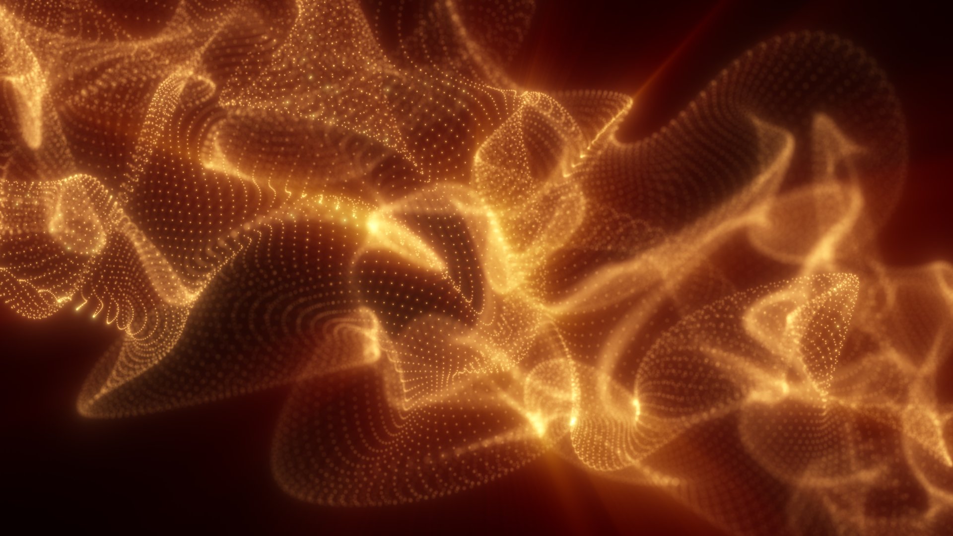 Golden abstract wave structure made of light particles floating over a deep red background, symbolizing digital energy and motion.