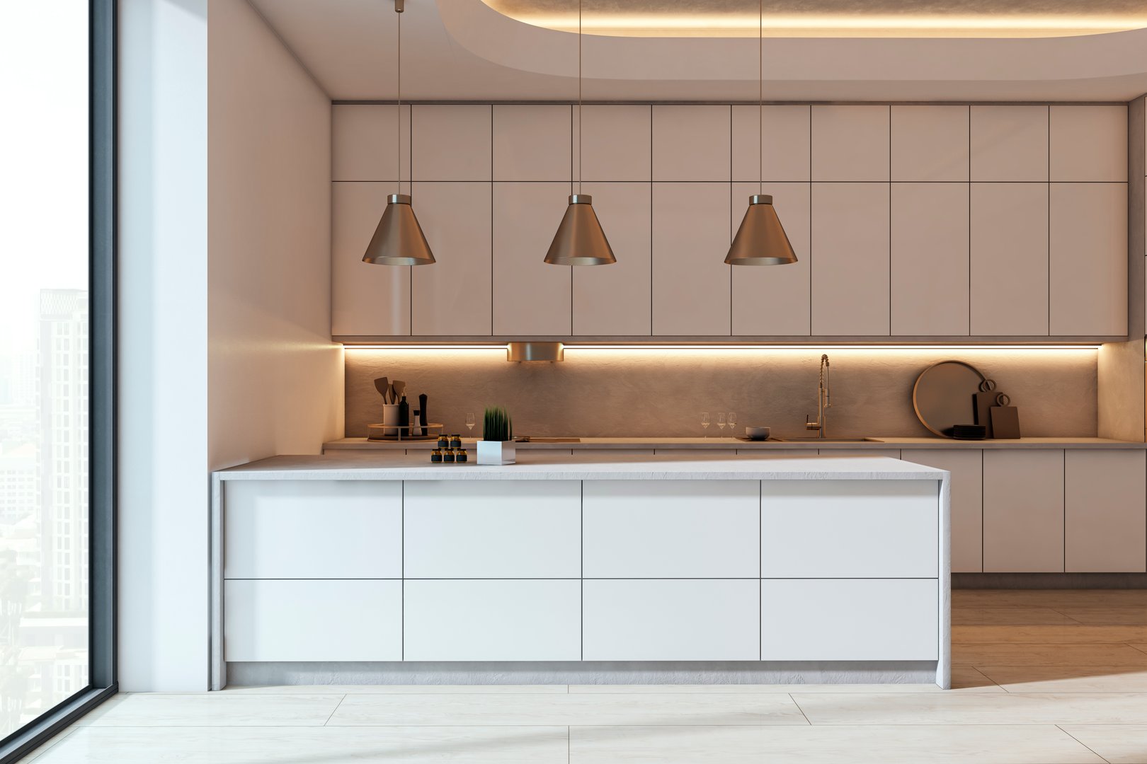 Minimalist kitchen interior with pendant lights and sleek white cabinets, warm lighting accents, on a modern apartment background. 3D Rendering