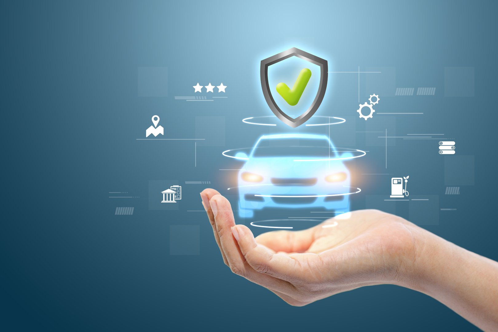 One hand holds a car with a shield on it. The shield has a check mark. Maintenance and repair concept.