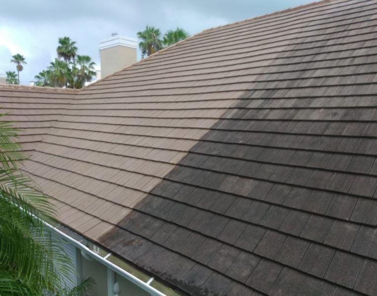 Roof showing a split view: one side clean and new-looking, the other side dirty and worn with visible grime.