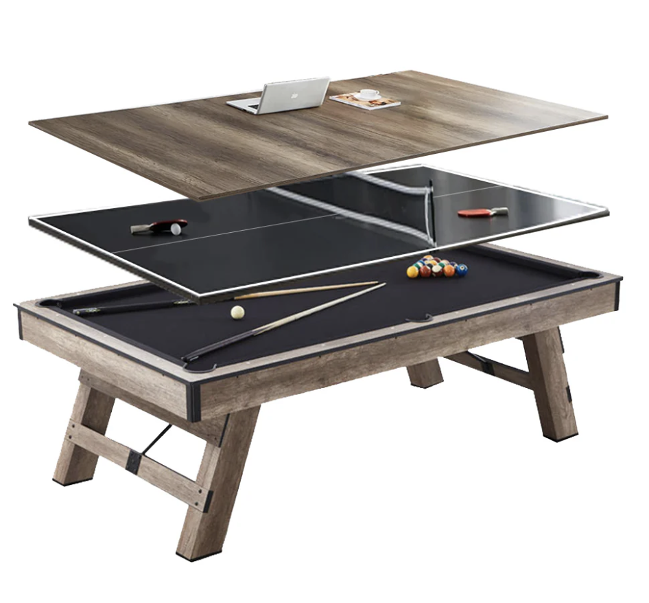 A multifunctional table with layers for table tennis, pool, and a work desk, featuring a wooden base and tabletop.